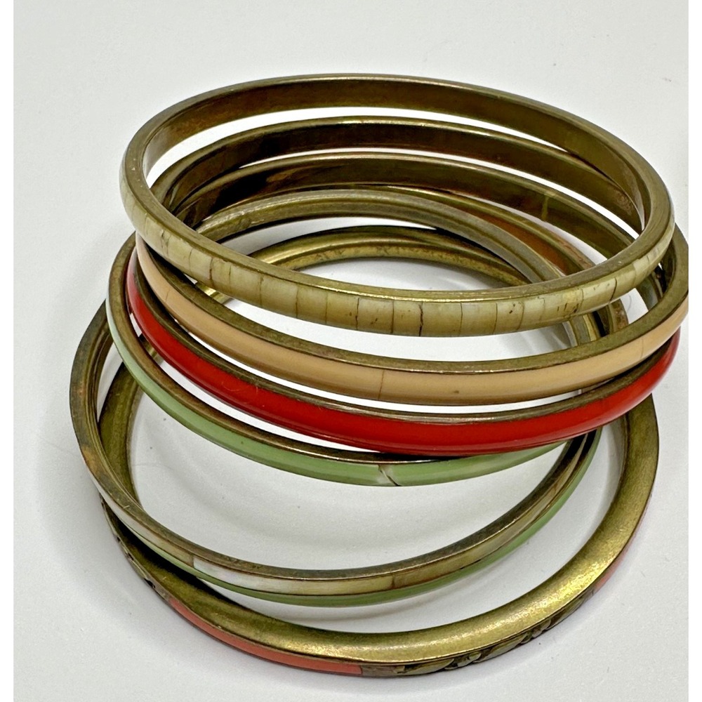 VTG Brass Bangles Shell MOP Green Red Orange Stackable Bracelets Set of 7 - Picture 3 of 5